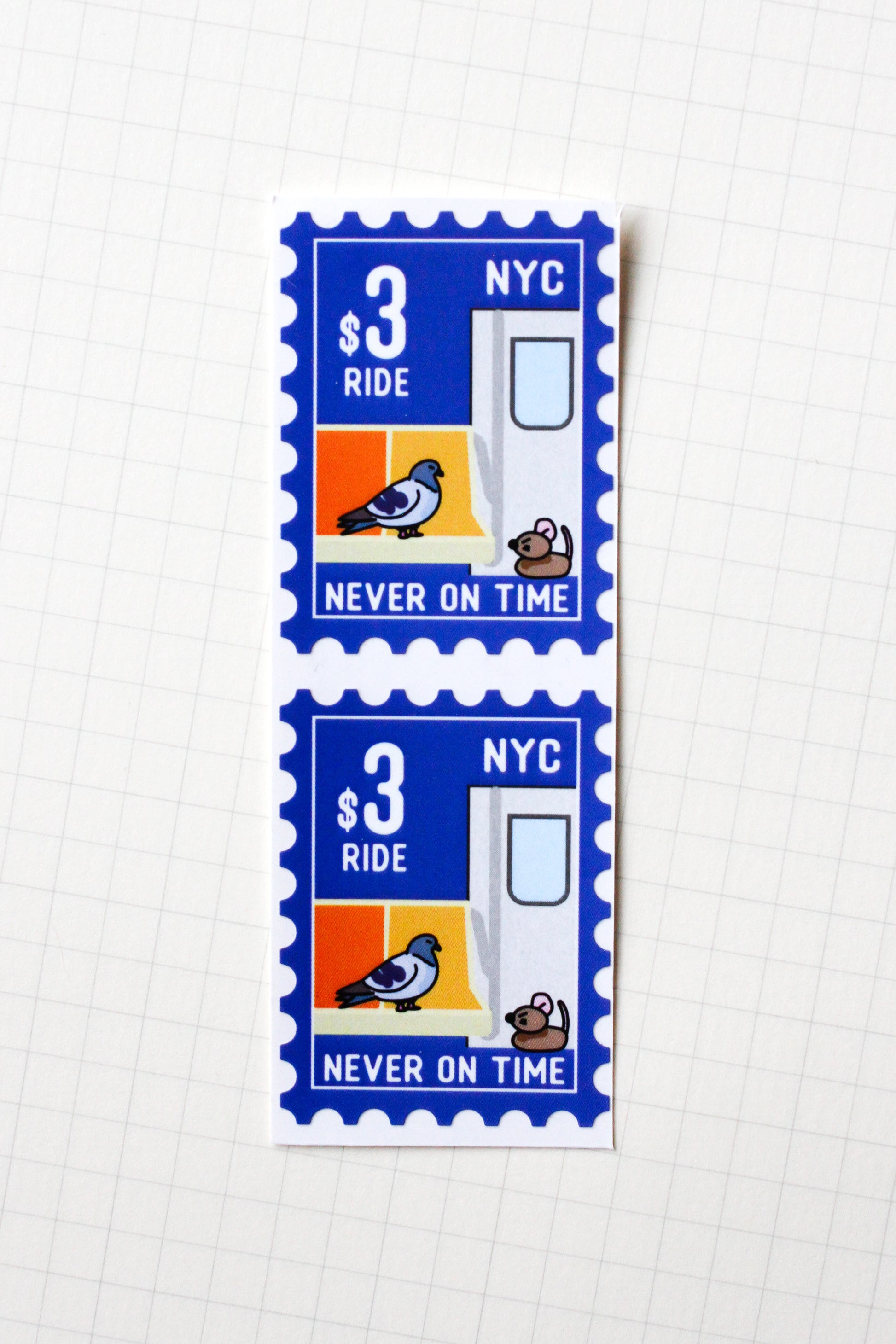 Two identical postage stamp-style stickers stacked vertically on a white grid background. The stickers are blue with white text reading '$3 NYC RIDE NEVER ON TIME' and feature a pigeon, a train, and a small dog illustration.